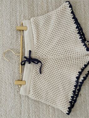 Cream Crochet Women's Drawstring Shorts with Navy Trim